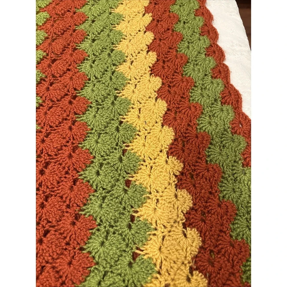 VTG Afghan Throw‎ Retro 70s Crochet Yellow Green Red Boho Stripe Blanket 34x61